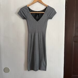 90s vintage BEBE | Gray Ribbed Bodycon Short Sleeve V Neck Mini Dress | Small
